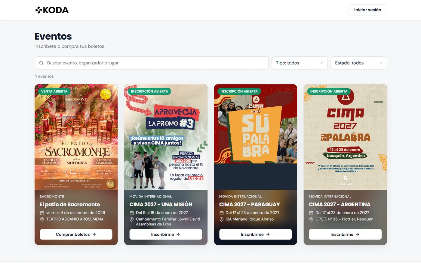 Portada pública de kodasys con la lista de eventos a la venta